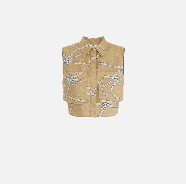 Camicia in cotone con stampa rafia e nastro