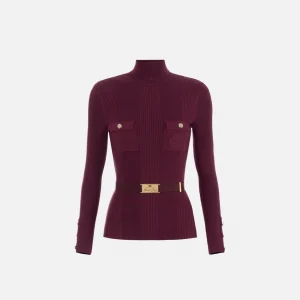 Maglia dolcevita in viscosa e seta a costine con ricamo logo