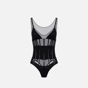 Body in tulleBody in tulle stretch con dettagli in vinile