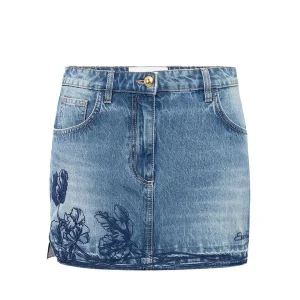 Minigonna in denim con ricamo floreale