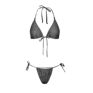 Costume due pezzi con stampa pois e nastri